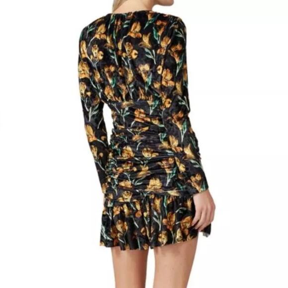 Delfi Collective Black Velvet Ruched Tiger Lily Print Cocktail Dress M - Picture 3 of 9